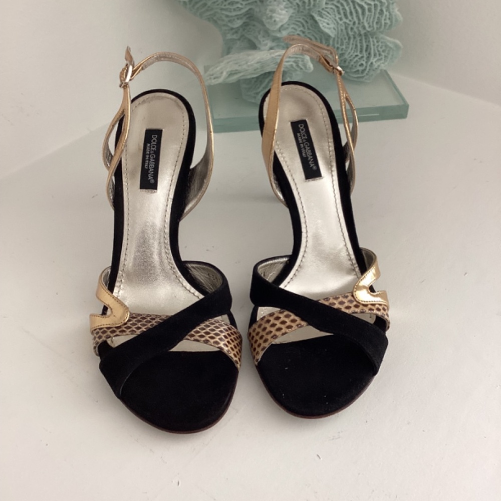 REDUCED DOLCE AND GABBANA BLACK AND GOLD SUEDE & LEATHER HEELS SANDALS 36.5 US 6 - Picture 3 of 10